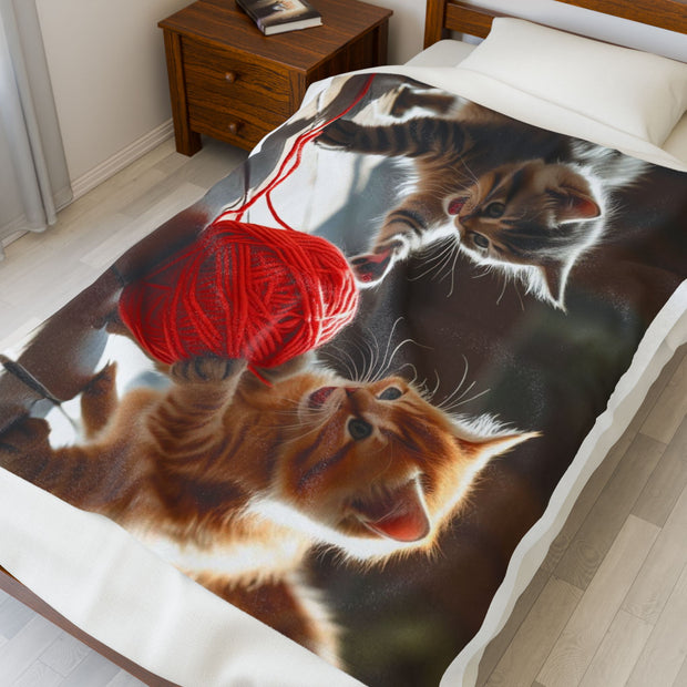 Cozy Cat Playtime Velveteen Plush Blanket | Feline Lovers Gift, Nursery Decor, Pet Blanket, Soft Throw, Cat-Themed Home Decor
