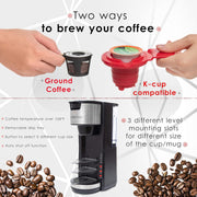 Black Single Serve Coffee Brewer K-Cup Pods Compatible & Ground, 30 Oz Compact Coffee Maker Single Serve with 5 Brew Sizes up to 14 Oz, Fits Travel Mug, Adjustable Drip Tray