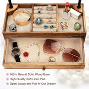 Jewelry Organizer Stand Wood Basic Jewelry Drawer Storage Box with Double Rods & 6 Tier Jewelry Tree Stand Holder for Necklaces Bracelet Earring Ring Display(Carbonized Black)