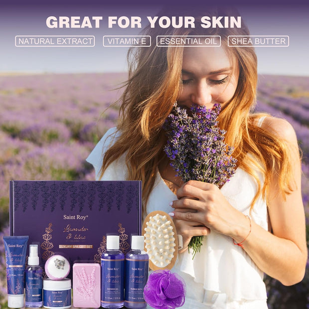 Bath and Body Gift Basket for Women and Men - Lavender Relaxing Spa Set with Massage Body Rush, Bath Bomb - Birthday Gifts for Her, Mom - Unique Self Care Idea