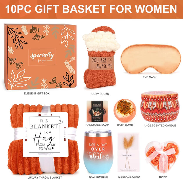 Fall Gifts for Women Orange,Halloween, Birthday Gifts for Mom Her Wife Friend W/Fall Candle,Fall Home Decor,Self Care Get Well Gifts Spa Set, Christmas Thanksgiving Halloween,Boo Basket Gifts Box Cozy
