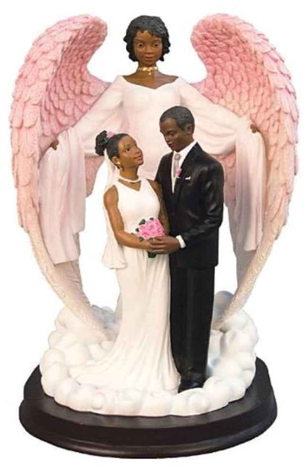 African American Wedding Guardian Angel with Bride and Groom Couple Figurine