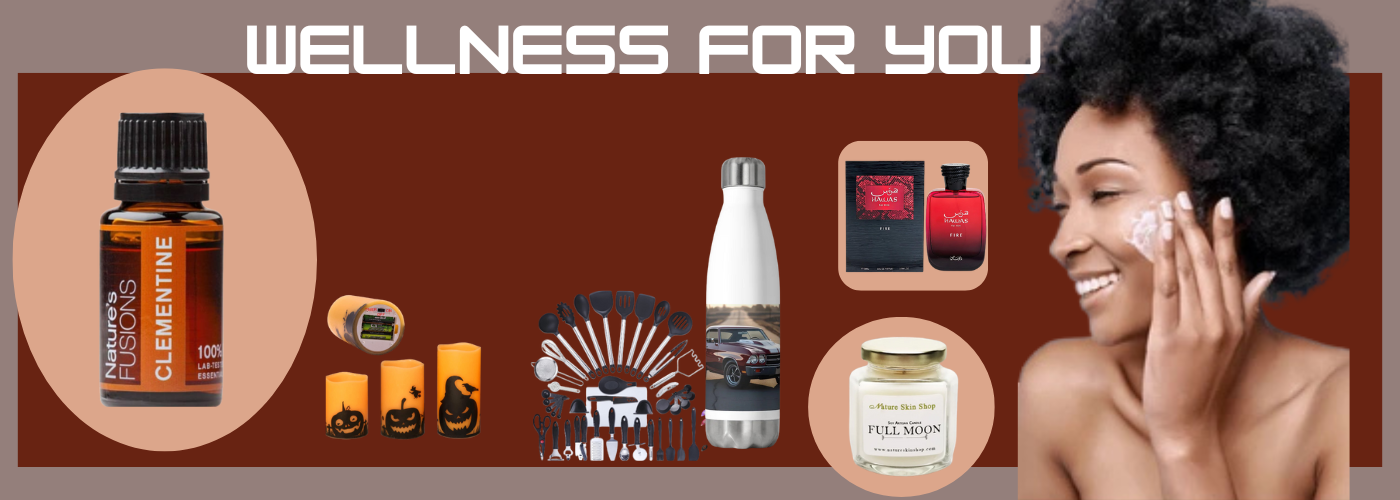 Promotional banner for wellness products with a woman applying cream, bottles, and other items on a brown background.