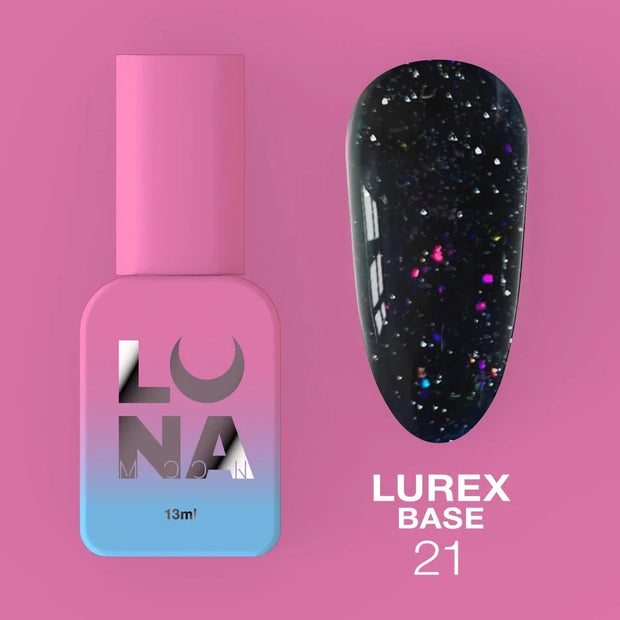 Nail polish bottle with 'Luna' branding and a black glittery nail sample on a pink background